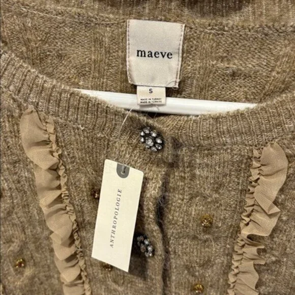 Maeve Embellished Tan Ruffle Button Cardigan - Picture 5 of 8